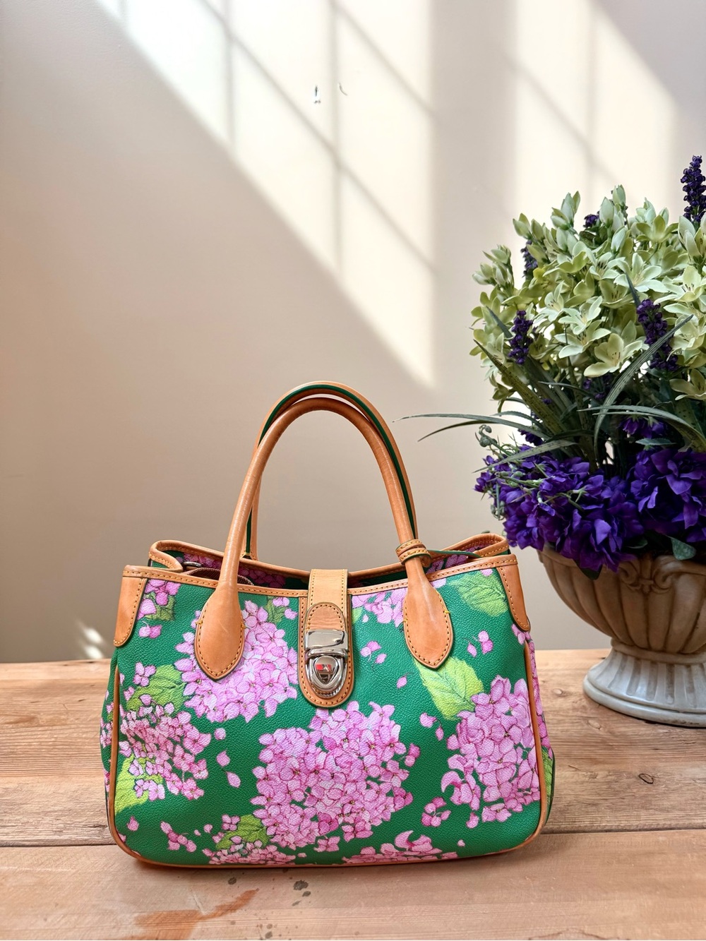 Dooney & Bourke Hydrangea Floral Print Leather Satchel with Tan Trim